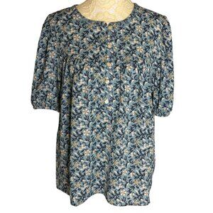 Loft Outlet Slinky Woven Blouse Shirt Top 1/2 Button Floral Blue M NWOT